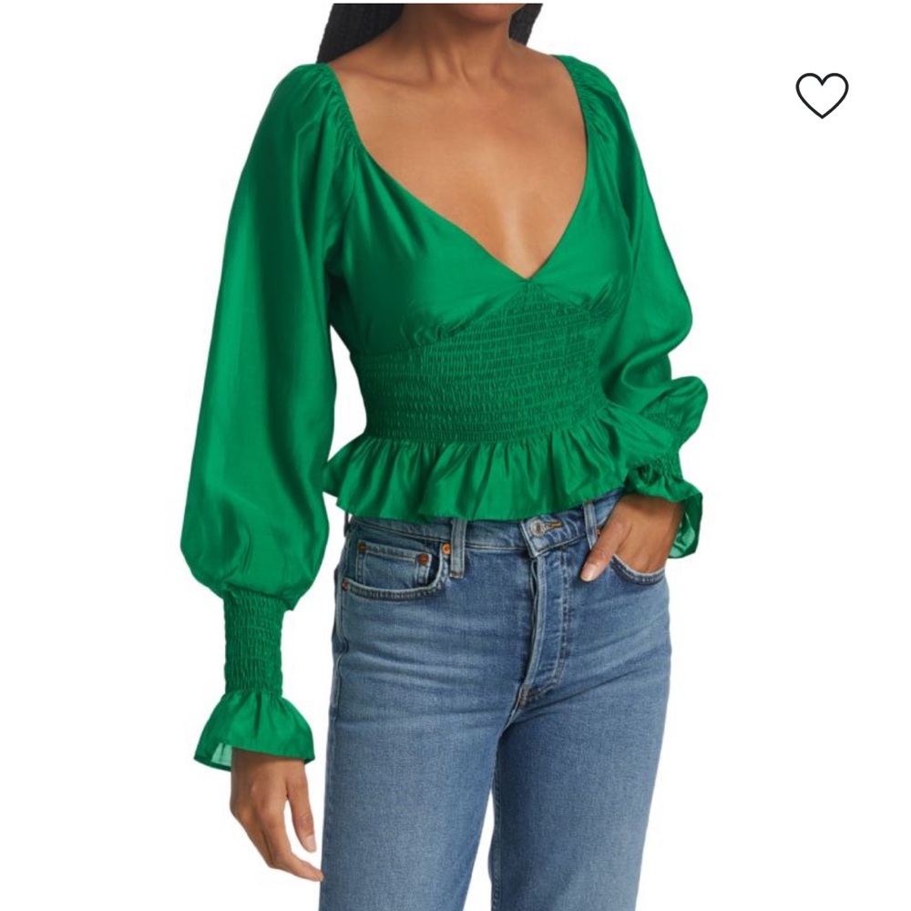 Wayf Emerald Green Heartbreaker Smocked Blouse